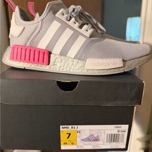 Adidas NMD_R1J Light Gray with Pink Accents